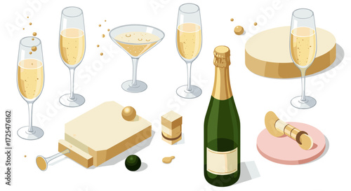 Elegant isometric wine and cheese arrangement with glasses and bottle