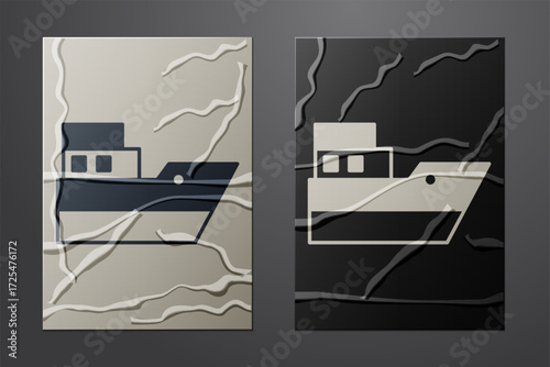 White Ship line path of ship sea route with start point GPS and black line icon isolated on crumpled paper background. Paper art style. Vector