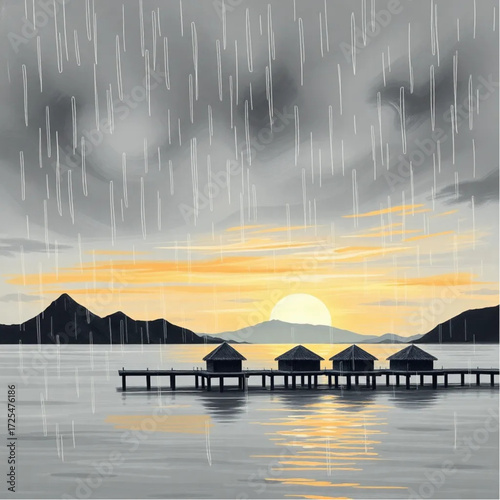 A oil painting depiction of Bora Bora Lagoon during sunset in spring, under rainy conditions, capturing unique natural textures and atmospheric mood.