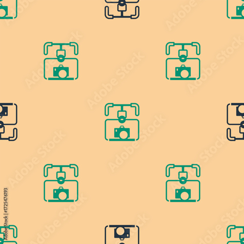 Green and black Gimbal stabilizer with DSLR camera icon isolated seamless pattern on beige background. Vector