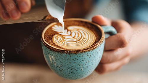 Barista pouring latte art into a ceramic mug, showcasing intricate designs and textures, with a close-up view highlighting the rich colors and craftsmanship of the beverage