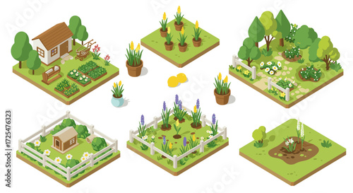 Isometric garden design concepts with flowers, trees, and vegetable patches