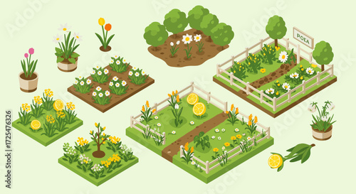 Isometric garden designs featuring flower beds, shrubs, and vegetables on light green background
