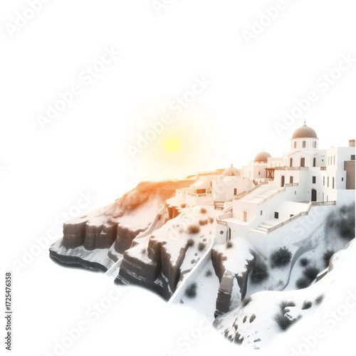 A watercolor painting depiction of Santorini Cliffs during golden hour in autumn, under snow-covered conditions, capturing unique natural textures and atmospheric mood.