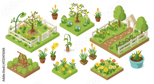 Lush spring garden design with flowerbeds, paths, and trees