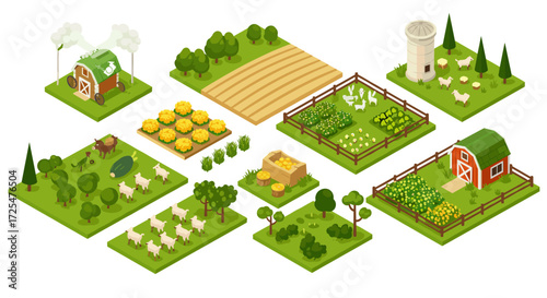 Isometric farm landscape with barns, animals, and crops in spring