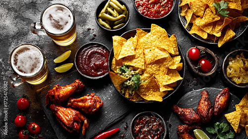 Canvas Print Bowl of nachos with guacamole, chicken wings, and beer on a rustic table, perfec