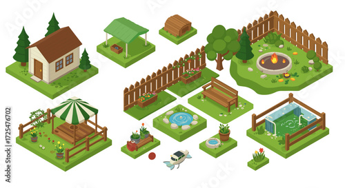 Cozy backyard scene with garden, pool, and patio elements in isometric style