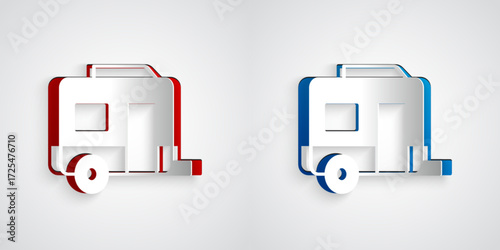 Paper cut Rv Camping trailer icon isolated on grey background. Travel mobile home, caravan, home camper for travel. Paper art style. Vector