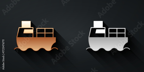 Gold and silver Cargo ship with boxes delivery service icon isolated on black background. Delivery, transportation. Freighter with parcels, boxes, goods. Long shadow style. Vector