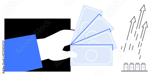 Hand holding cash next to rising graph arrows and jars symbolizing investment, earnings, and savings. Ideal for finance, economy, growth, wealth, profit investment budgeting. Simple flat metaphor