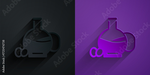 Paper cut Bottle of olive oil icon isolated on black on purple background. Jug with olive oil icon. Paper art style. Vector