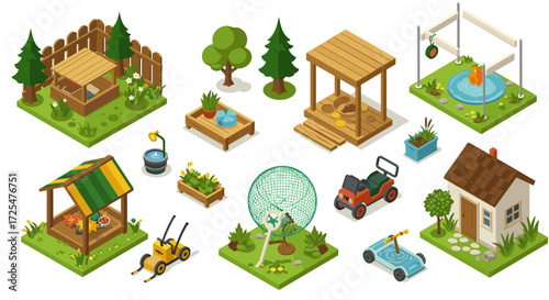 Charming garden designs with pergola, gazebo, and play area in isometric style