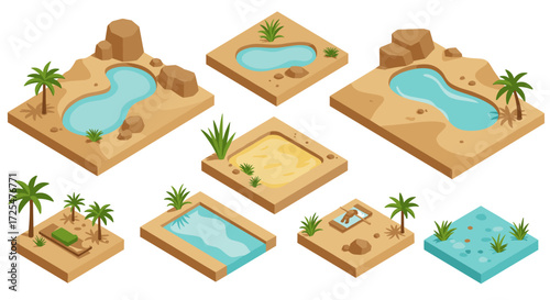 Isometric oasis elements with pools and desert landscapes for design projects
