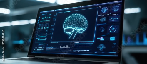 Laptop displays a brain scan with graphs and data, hinting at medical research in a lab setting
