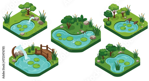 Isometric garden ponds with waterfalls and greenery