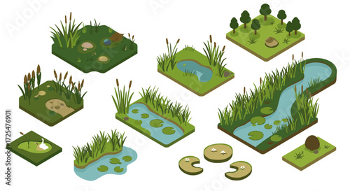 Isometric nature set: diverse wetlands, ponds, and forests with lush greenery