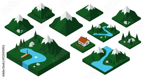 Isometric mountain landscape set with river and cabin elements