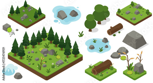 Isometric nature set with forest, trees, and rocks in green landscape