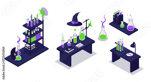Isometric laboratory with potion bottles and witch hat in halloween theme