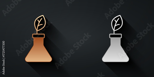 Gold and silver Plant breeding icon isolated on black background. Plants growing in the test tubes. Organic food ,agriculture and hydroponic. Long shadow style. Vector
