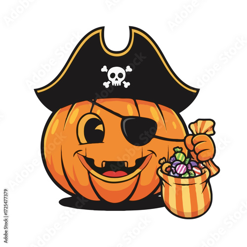 Halloween pumpkin dressed as a pirate, complete with an eye patch, a pirate hat with a skull and crossbones, and holding a bag of candy. 