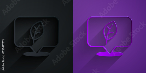 Paper cut Location with leaf icon isolated on black on purple background. Eco energy concept. Alternative energy concept. Paper art style. Vector