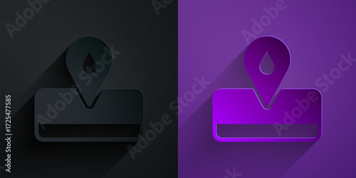Paper cut Oilfield icon isolated on black on purple background. Natural resources, oil and gas production. Paper art style. Vector