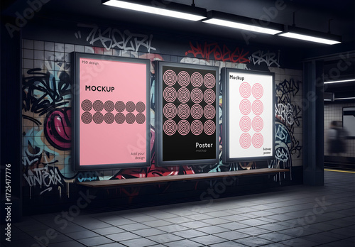 Urban Subway Poster Mockup Triple Frame Display