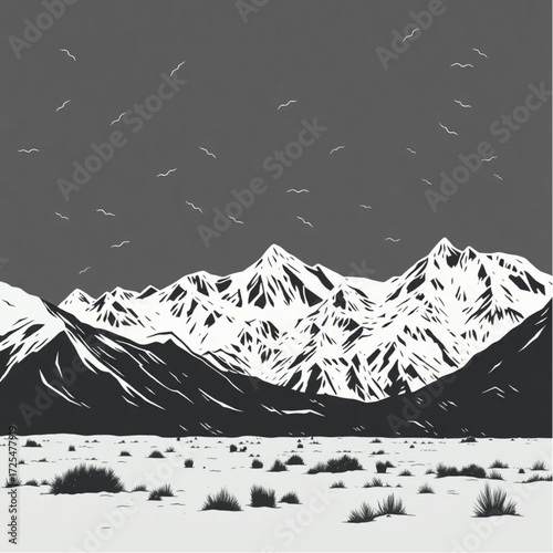 A digital art depiction of Patagonia during midnight in winter, under windy conditions, capturing unique natural textures and atmospheric mood.