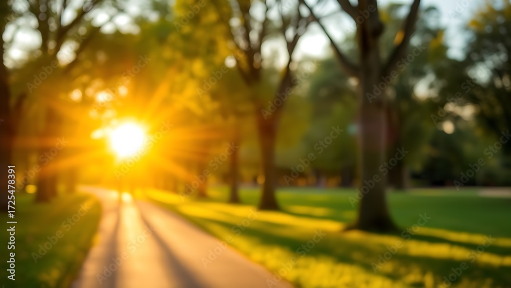 Fototapeta premium Sunlit park pathway surrounded by greenery during golden hour, creating a peaceful scene.
