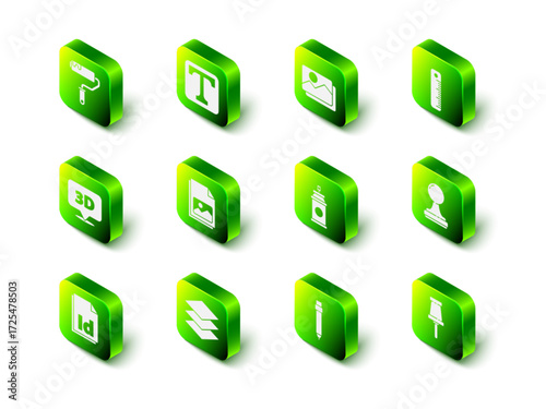 Set Text, Picture landscape, Ruler, Stamp, Push pin, Paint spray can, Pencil with eraser and Layers icon. Vector