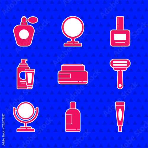 Set Cream or lotion cosmetic tube, Bottle of shampoo, Shaving razor, Round makeup mirror, Nail polish bottle and Perfume icon. Vector