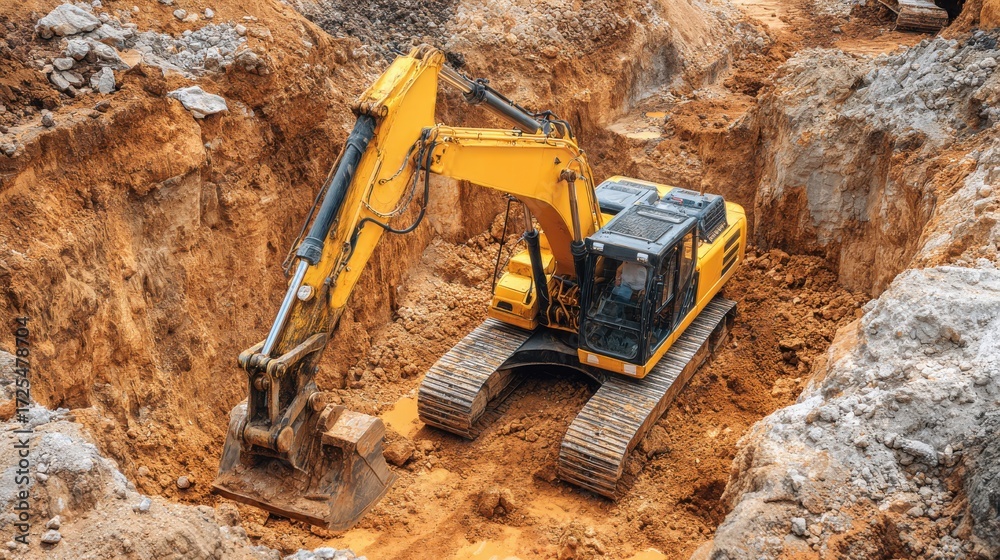 Obraz premium A yellow excavator is working in a large trench at a construction site. The surroundings are filled with dirt and rocks. The sun is shining down, revealing a busy work environment