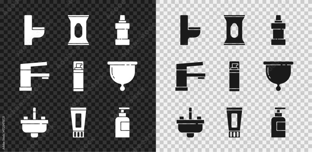 Obraz premium Set Toilet bowl, Wet wipe pack, Bottle for cleaning agent, Washbasin with water tap, Tube of toothpaste, shampoo, Water and Shaving gel foam icon. Vector