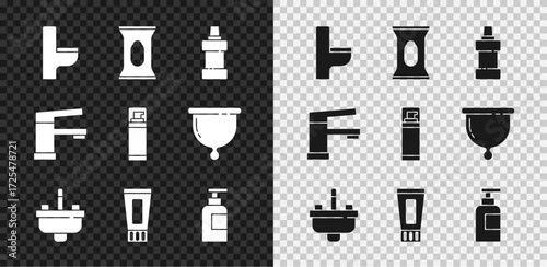 Set Toilet bowl, Wet wipe pack, Bottle for cleaning agent, Washbasin with water tap, Tube of toothpaste, shampoo, Water and Shaving gel foam icon. Vector