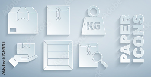 Set Wooden box, Weight, Delivery hand with boxes, Envelope magnifying glass, and Carton cardboard icon. Vector