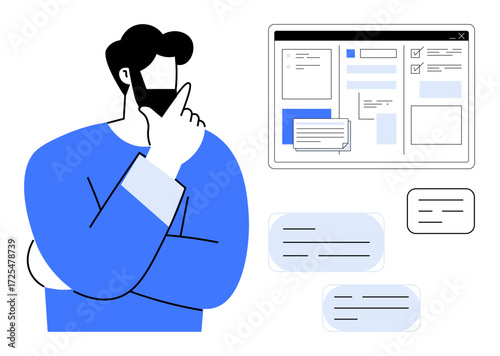 Man contemplating decisions while interacting with organized text, dialogue boxes, and interface designs. Ideal for brainstorming, digital strategy, UXUI design, workflow, planning, innovation