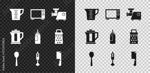 Set Measuring cup, Microwave oven, Kitchen meat grinder, Spoon, Blender, Meat chopper, Electric kettle and Sauce bottle icon. Vector
