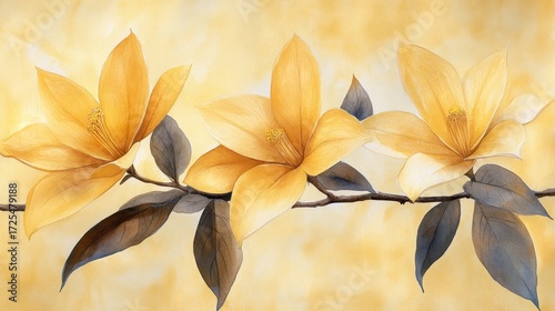 Vibrant Orange Magnolia Blossoms in a Serene Still Life, Captured in Soft Watercolor, Gentle Light