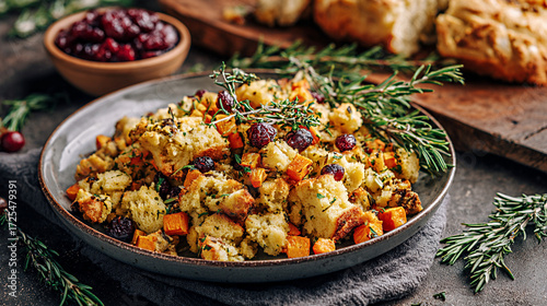 Plate of roasted root vegetables and stuffing garnished with fresh herbs, showcasing a warm, inviting autumn harvest meal perfect for festive gatherings and family celebrations