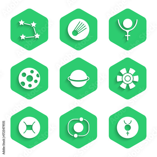 Set Planet Saturn, Solar system, Symbol Mercury, Sun, Gemini zodiac, Full moon, Pluto and Star constellation icon. Vector