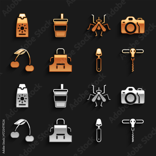 Set Kitchen apron, Photo camera, Wine corkscrew, Spoon, Cherry, Mosquito, Sunscreen cream tube and Paper glass with water icon. Vector