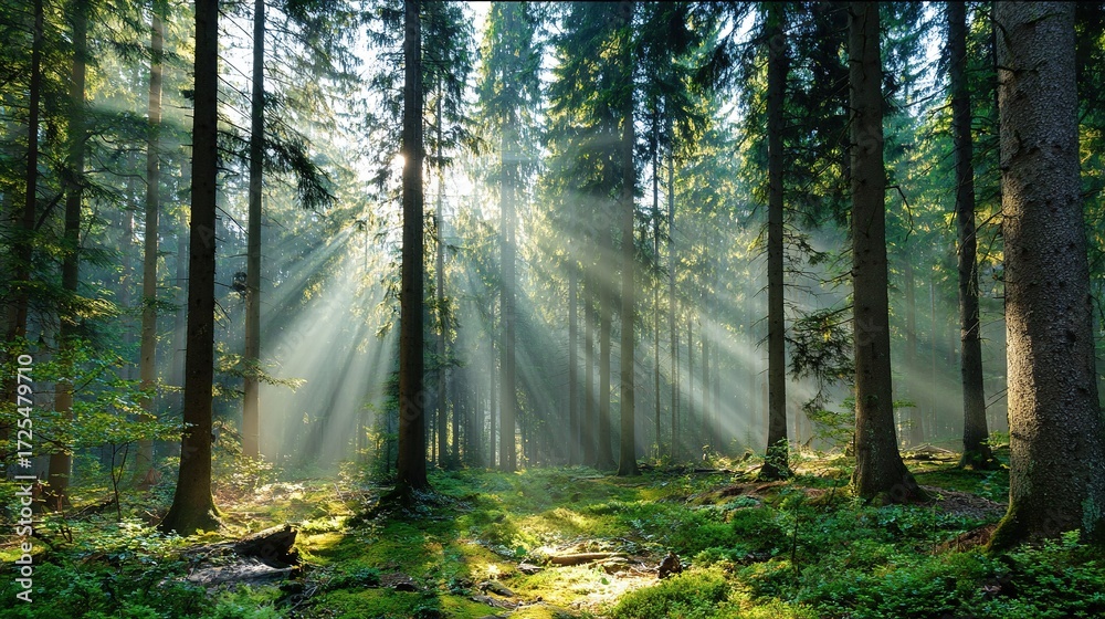 Obraz premium Beautiful rays of sunlight in a green forest