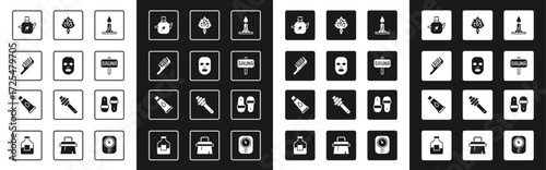 Set Burning candle, Facial cosmetic mask, Hairbrush, Teapot with leaf, Sauna, broom, slippers and Cream or lotion tube icon. Vector