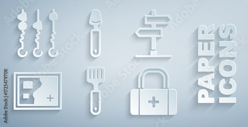 Set Spatula, Road traffic sign, Folded map, First aid kit, Spoon and Grilled shish kebab skewer icon. Vector