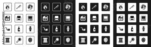 Set Ancient coin, Armchair, Floppy disk, Locket on necklace, Retro tv, Hairbrush, Wrist watch and Smoking pipe icon. Vector