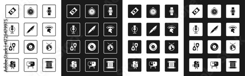 Set Wrist watch, Pen, Microphone, Cinema ticket, Roman army helmet, Pocket, Locket necklace and Earrings icon. Vector
