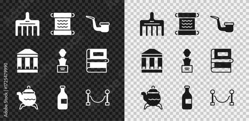 Set Hairbrush, Papyrus scroll, Smoking pipe, Classic teapot, Bottle of wine, Rope barrier, Museum building and Gypsum head sculpture bust icon. Vector