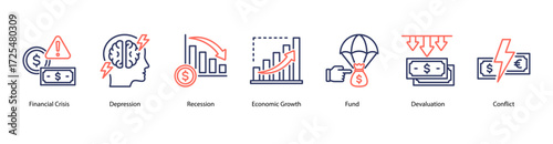 Financial Crisis Indicators web banner vector illustration featuring Financial Crisis, Depression, Recession, Economic Growth, Fund, Devaluation, and Conflict.